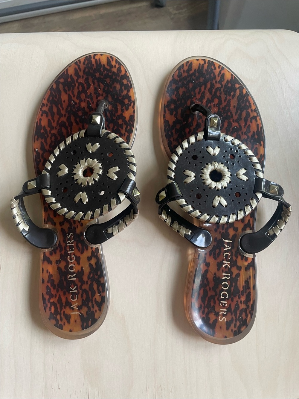 Jack Rogers Tortoiseshell Jelly Sandals with Black Medallions